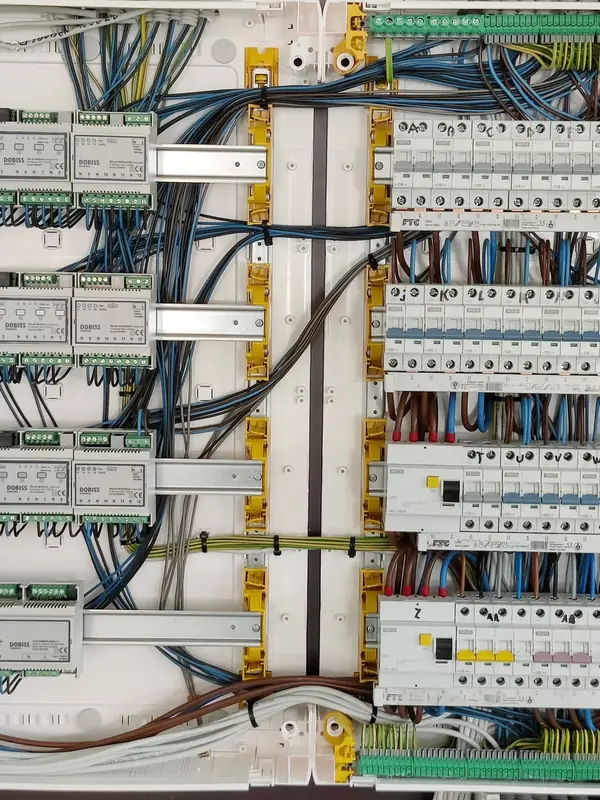 Grote open verdeelkast met links rijen modules en rechts automaten, netjes bedraad